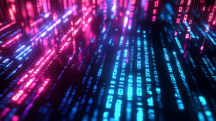 Stunning gradient background with dark pink, blue, and neon colors, infused with computer code elements. Perfect for tech, cyberpunk, and digital art projects. High-quality and futuristic