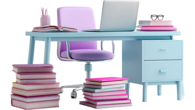 A desk with a laptop, books, a pencil holder, and a cup on it. There are also chairs and drawers around the desk.