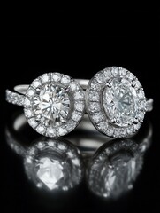 Two dazzling diamond rings sparkling on a reflective black surface with a luxurious and elegant presentation for jewelry advertisement