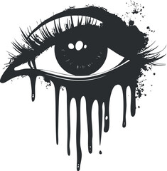 Artistic black and white illustration of a human eye with dripping paint and splatter effects