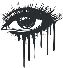 Black and white artistic illustration of a human eye with dripping paint effect and detailed eyelashes