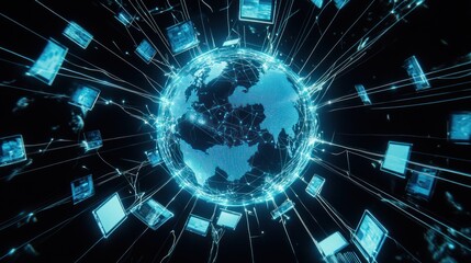 Obraz premium Global network connection, digital devices orbiting Earth