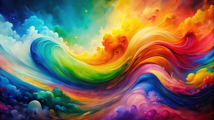A vibrant aquarell painting of a colorful rainbow abstractly presented in a dynamic composition with swirling shapes and bold brushstrokes, Rainbow, Swirling