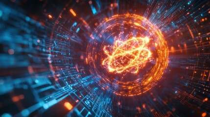 Fototapeta premium Atom explosion with blue grid background illustrating science research design