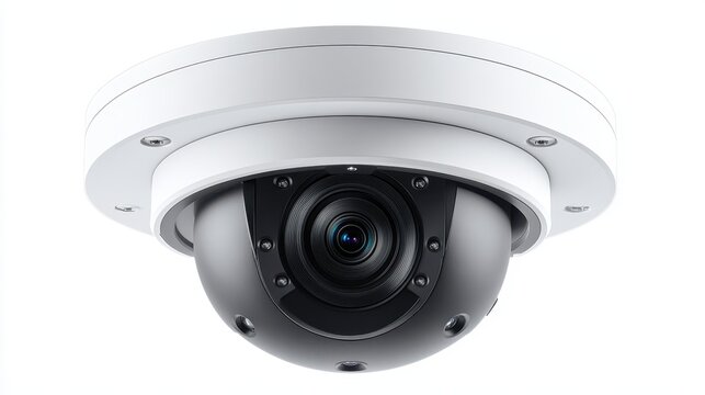 Modern dome security camera is mounted on white ceiling indoors. This is used to deter crime with visual surveillance system.