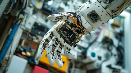 A robotic manipulator with ultra sensitive feedback, adjusting components in a high-tech workspace, High-tech style