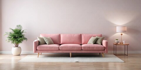 Modern Pink Sofa in Living Room with Decor on Background, minimalist pink decor, soft pink sofa