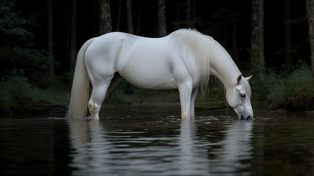 Majestic white horse standing in a shallow forest river and drinking water during quiet twilight hours.