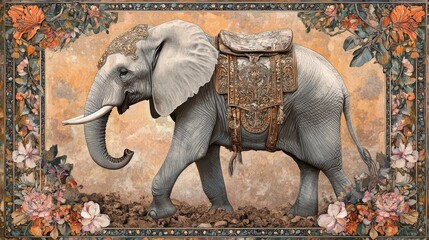 Elephant with ornate saddle surrounded by floral decorations on a textured background.