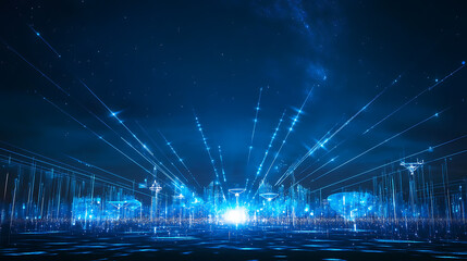 A satellite dish array communicating with orbiting satellites under a starry night sky, radio waves visualized as blue beams, High-tech style