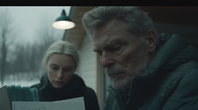 Concerned senior man and blonde woman reviewing important documents together outdoors near a cabin on a cold winter day.