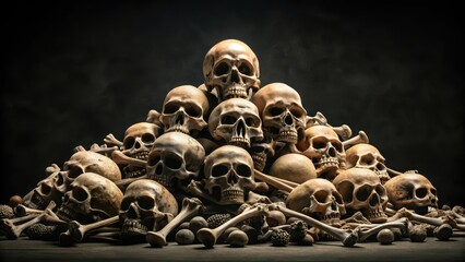 Dark mysterious pile of human bones scattered on a dark black background with some skulls in the middle, somber, occult,  somber
