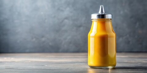 Close-up shot of a vibrant yellow condiment bottle with a smooth, glassy surface and a sleek metal cap, filled with a thick, tangy sauce with a slight sheen , ketchup substitute, condiment