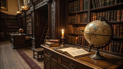 Old antique books and a vintage globe rest on a wooden table near a cup of tea