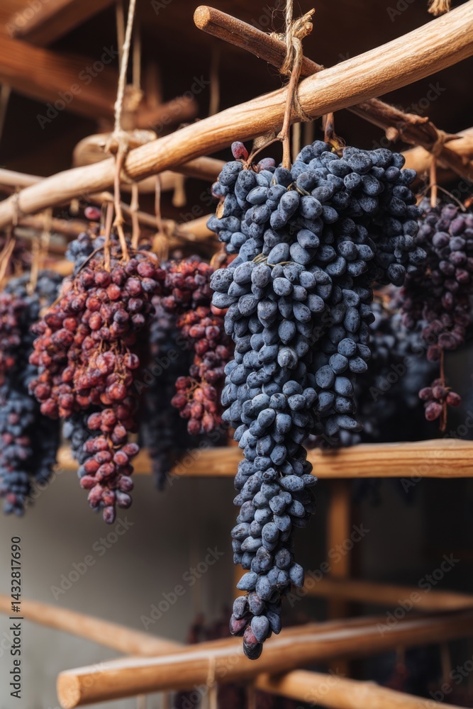 Poster rustic charm of hanging grapes drying naturally in a traditional setting with warm tones and soft li