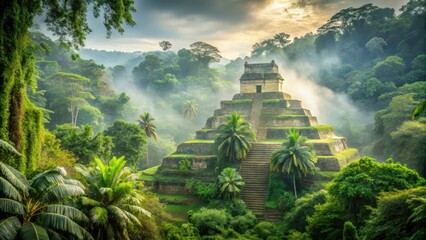 Ancient Mayan temple ruins in Mexico with jungle foliage and misty atmosphere , jungle, mystic,  jungle
