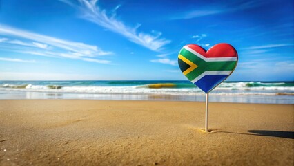 Obraz premium Colorful heart-shaped South African flag waving on the beach during National Day celebration with vibrant blue and green background , Celebration, VibrantColors