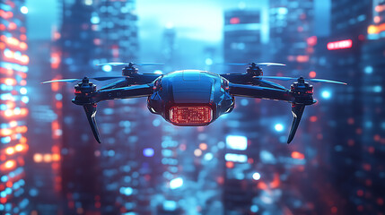 A sleek AI powered drone hovering in a futuristic cityscape at dusk, neon-lit skyscrapers reflecting on its metallic body, High-tech style