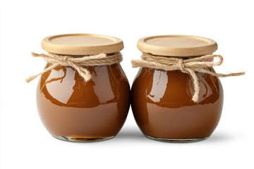 Two jars of homemade caramel sauce with wooden lids and twine against a white background in studio shot
