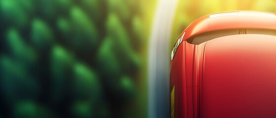 Red bus travels against a green, blurry background with bright sun glare on the upper right corner