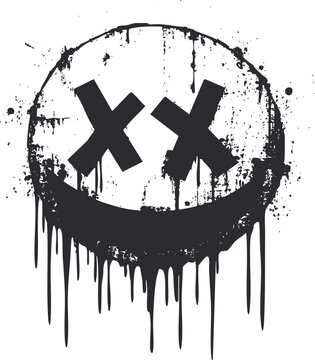 Grunge style black and white dripping paint smiley face with X shaped eyes and distressed texture