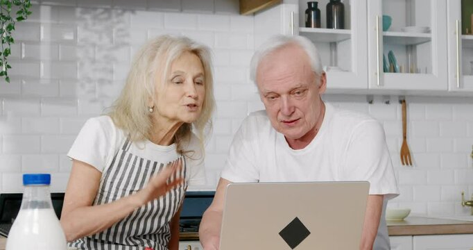 Portrait of cute grandma and granddad communicating by video call in laptop. Happy aged man and woman waving hands to web camera on computer, say bye-bye to friends or relatives, online communication