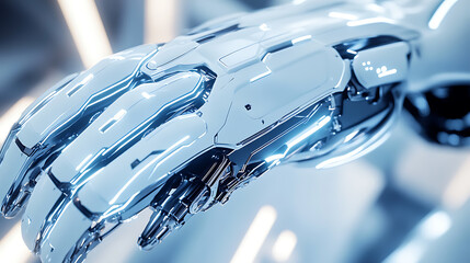 A sleek robotic arm with a luminescent outline, floating in a digitalized environment, High-tech style