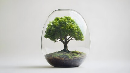 Green oak tree in a glass jar, on a white background