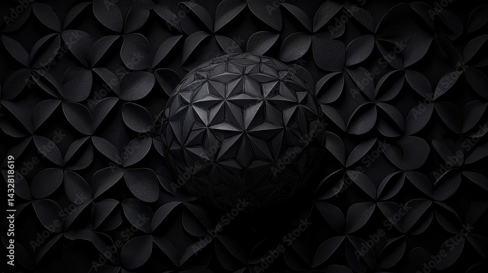Poster a 3d rendering of a black sphere with a geometric pattern.