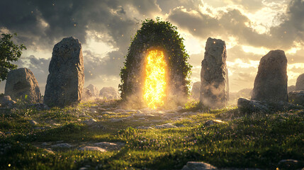 Mystical Stone Circle with Glowing Portal to Another World or Dimension