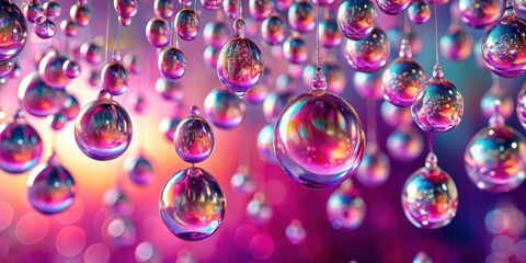 Iridescent liquid droplets suspended in air, shimmering pink color