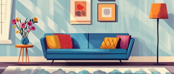 Serene Interior Scene with Blue Sofa and Colorful Accents Capturing a Modern Artistic Style and Peaceful Mood for Home Decor Inspiration