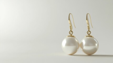 Isolated pair of classic round pearl earrings with minimalistic design on white background