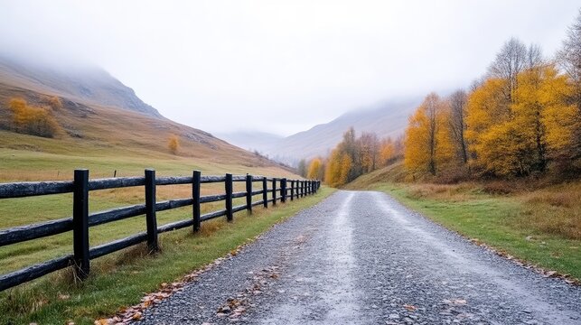 Gravel road winding through a misty mountain valley in autumn with a wooden fence and colorful trees.