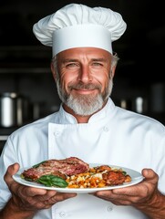 Chef presenting a delicious plate of food in a professional kitchen setting