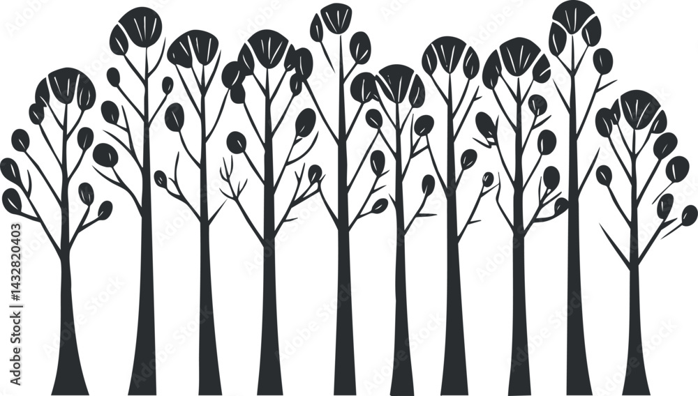 Poster black and white silhouette of multiple stylized trees with branches and leaves forming a minimal for