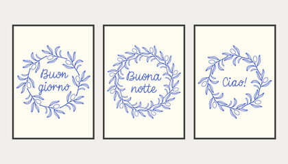 Naklejka premium La dolce vita doodles placard or poster set with simple branches. Vector illustration of italian style hand drawn posters. Wall art prints decor. Illustration for invitations, menus design.