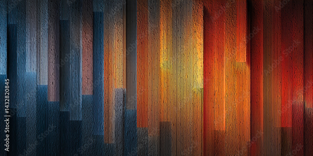 Poster abstract image with vertical, textured stripes in shades of blue, brown, orange, and red, creating a