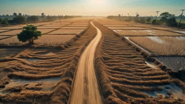 Drone Shot of Empty Rural Road in Sakon Nakhon with Dry Rice Fields