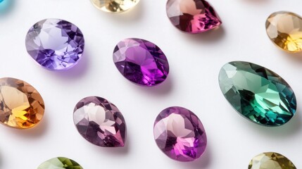 Fototapeta premium Multiple faceted stones including topaz, garnet, and peridot placed randomly on white background