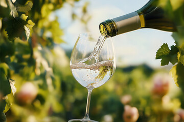 White wine poured into glass in vineyard garden