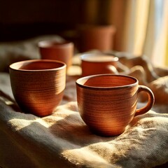 close-up of handmade pottery cups placed on linen in soft natural light- 