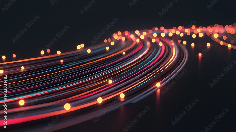 Poster a digital illustration of a network of glowing lines forming a wave-like pattern.