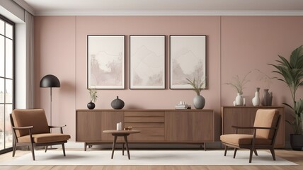 Stylish living room interior with two seats and sideboard. Mockup wall
