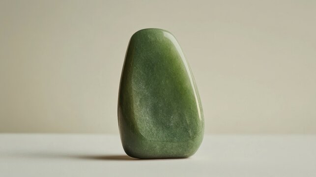 Polished green nephrite jade gemstone with smooth surface and vibrant luster on neutral background