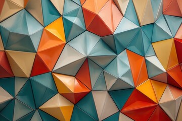 Obraz premium Colorful triangle tiles create an abstract geometric background pattern. Use this vibrant design for tech, art, or modern creative projects.