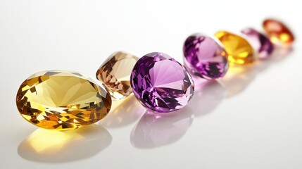 Polished jewel-quality stones in varying sizes and cuts lined up on a white surface