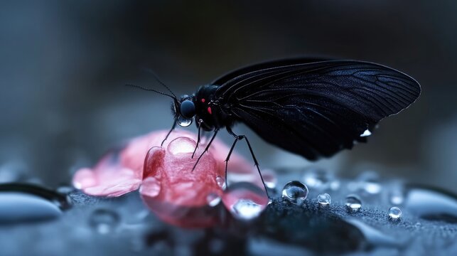 Black butterfly perched on a wet pink petal surrounded by glistening water droplets in a dark, moody outdoor setting.