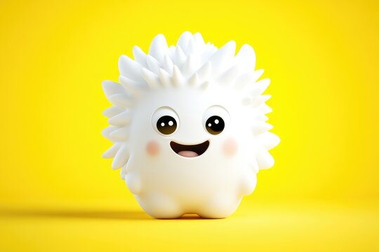 Cute white spiky cartoon character with a happy smiling face standing against a vibrant yellow studio background.