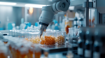 An advanced robotic arm mixing pharmaceutical compounds in a high tech biotech lab, automated liquid handlers ensuring precision, Scientific style